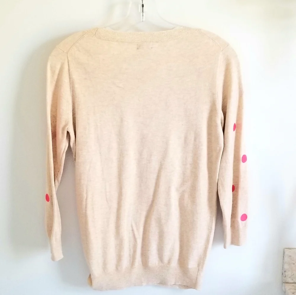 J. Crew pink dot embroidered tan cotton sweater
